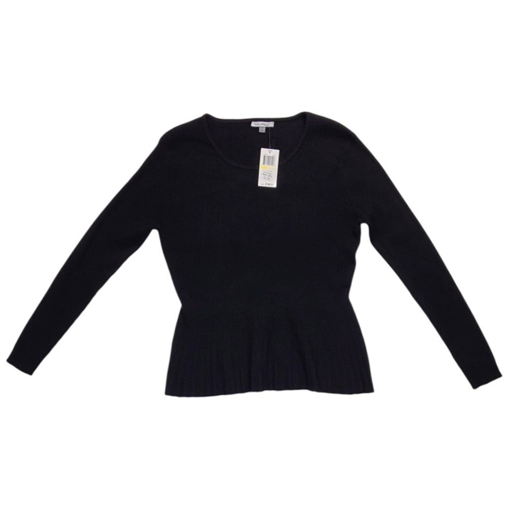 Vita Milano Women's Black Ribbed Knit Peplum Scoop‎ Neck Sweater Size Medium NWT